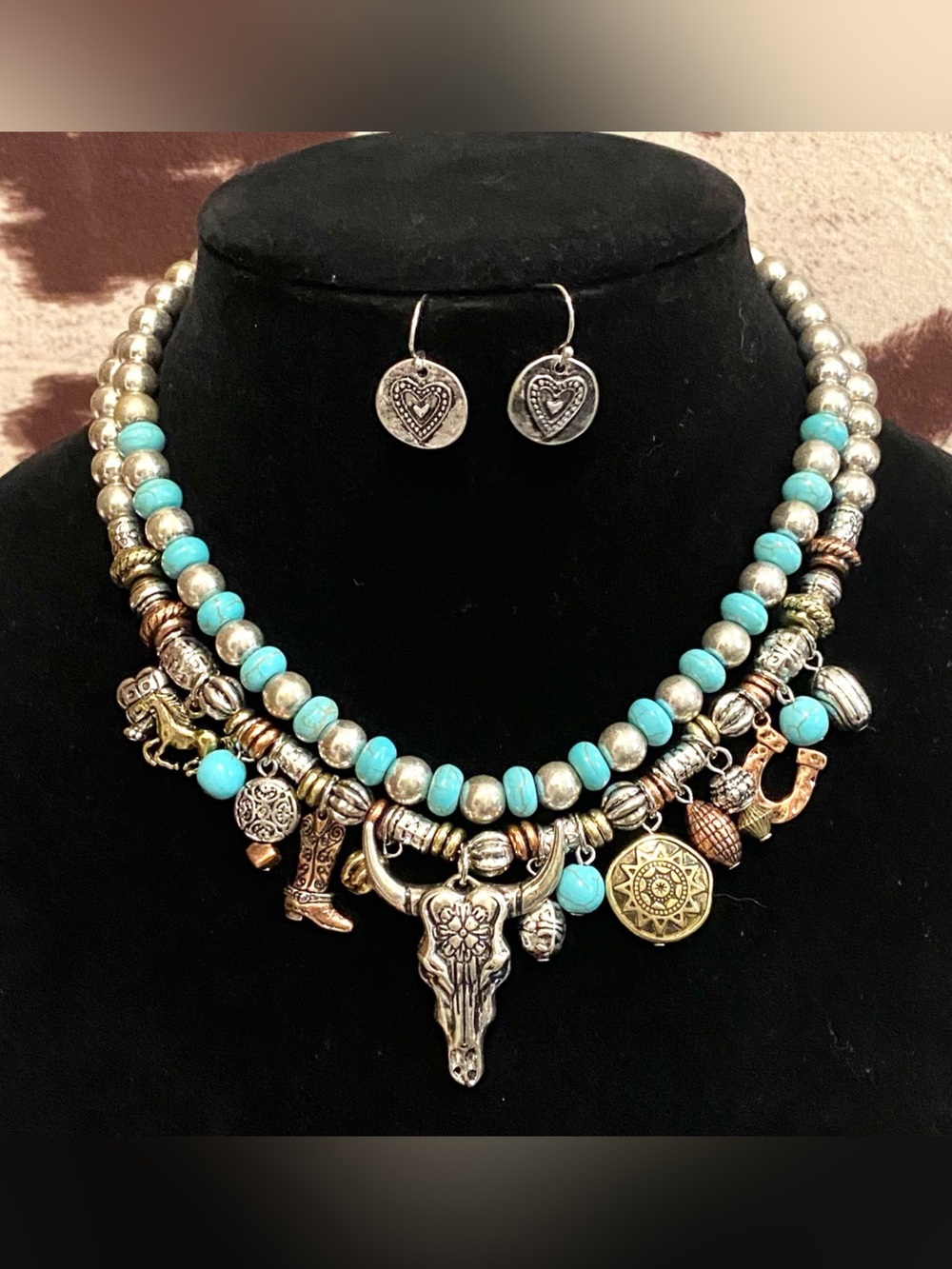 Southwestern-style double strand charm necklace and earring set